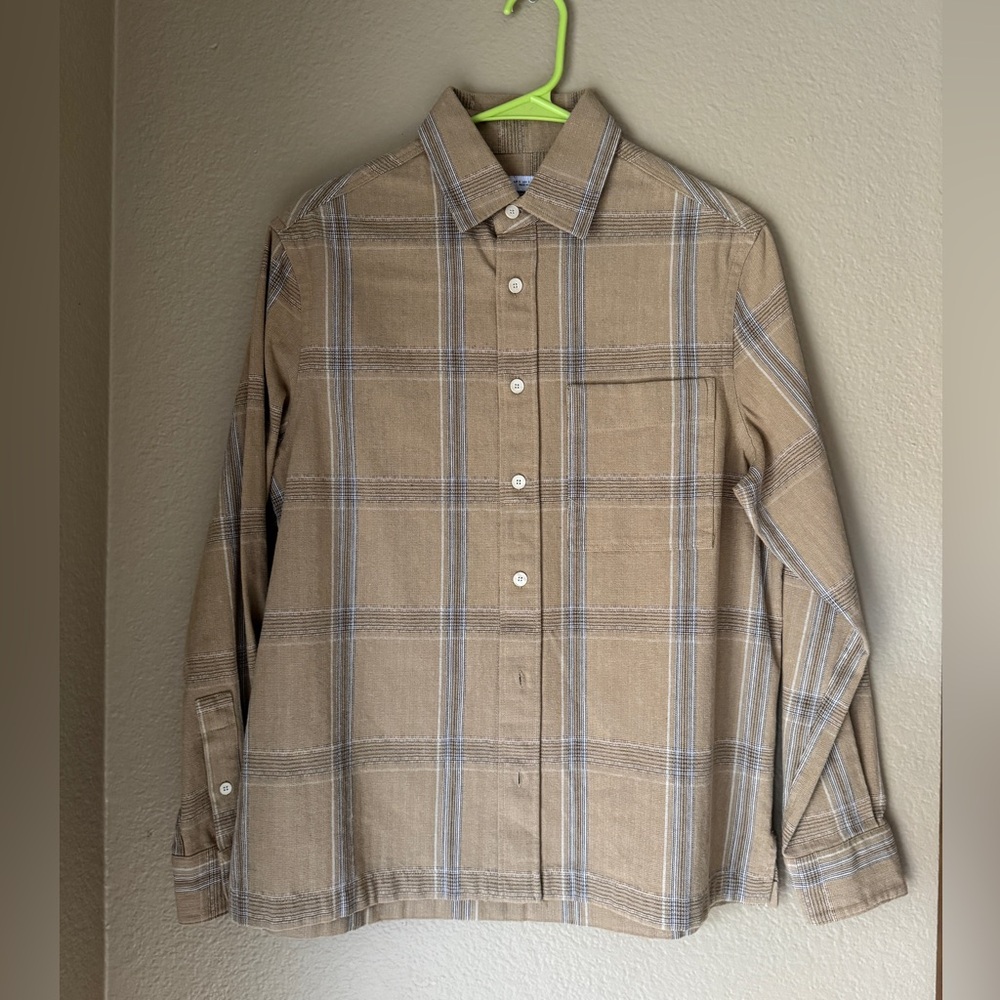 Zara Men’s Tan Plaid Pocket Button-Up Shirt | Size Small